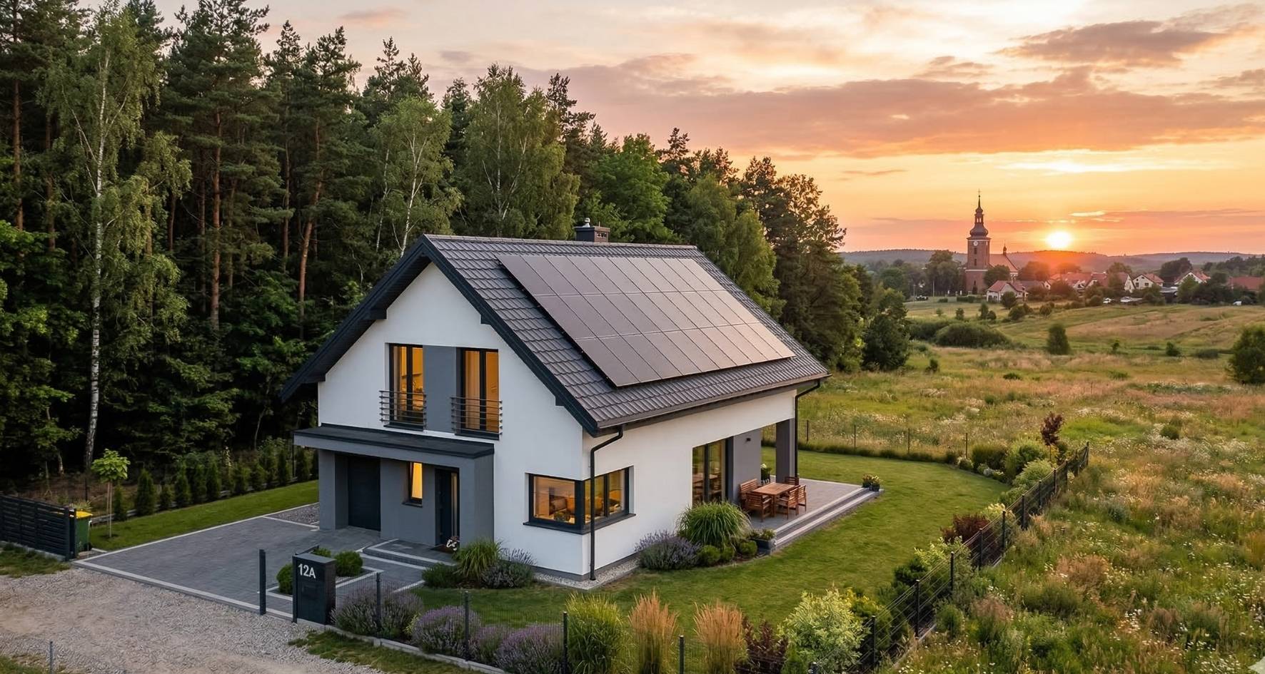 Instalacja fotowoltaiczna z magazynem energii na dachu domu jednorodzinnego — panele PV i falownik hybrydowy Voltaris Energia