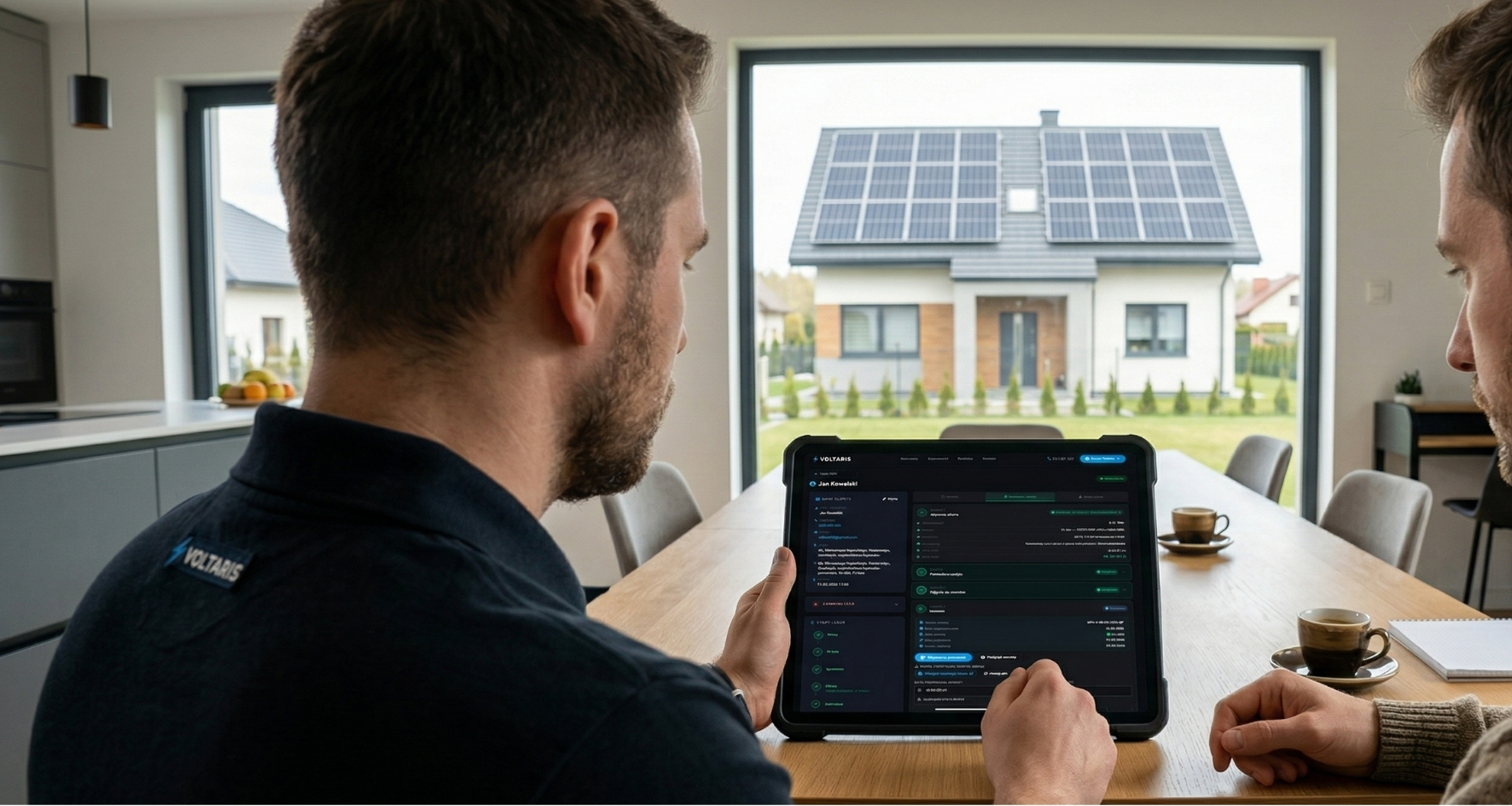 Handlowiec Voltaris Energia prezentuje klientowi wycenę instalacji fotowoltaicznej na tablecie — system CRM VULPEX SYSTEM